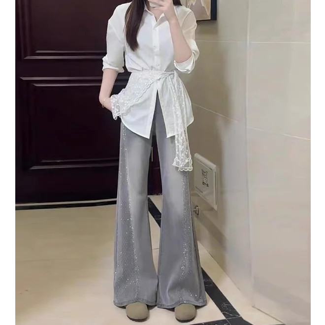 莱赛尔天丝烫钻高腰阔腿微喇牛仔裤女夏季新款修身宽松显瘦裤