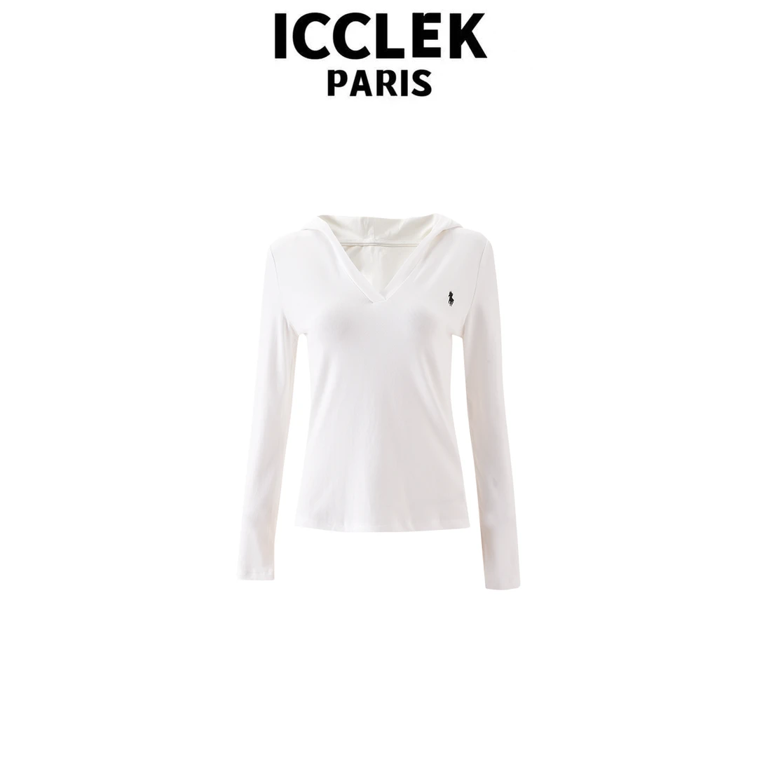 ICCLEK 白色圆领长袖薄款减龄显瘦百搭气质时尚秋冬显瘦上衣-5846