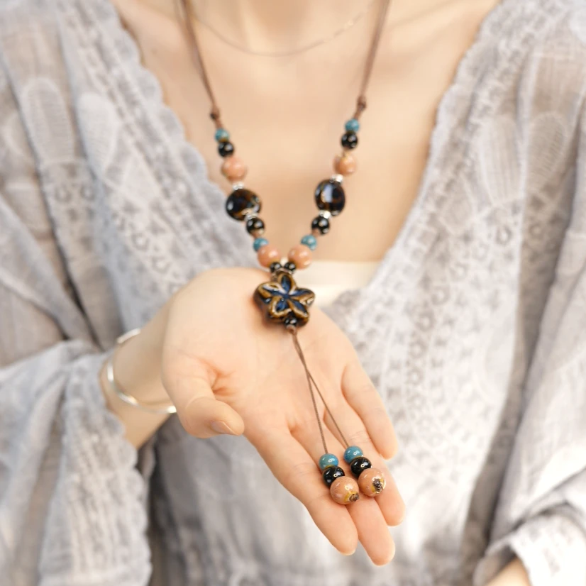 非金属树脂项链 新中式复古花朵串珠项链民族风高级感配饰 BF1109