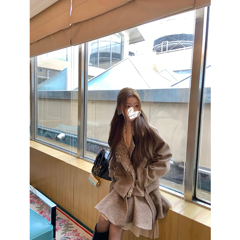 冬日赛马场 复古裙摆可拆卸毛领羊毛呢大衣毛呢外套女3307