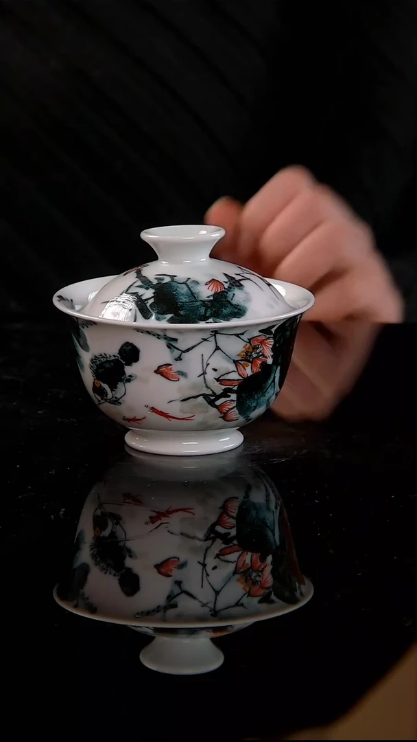 李华手绘釉中五彩和为贵盖碗