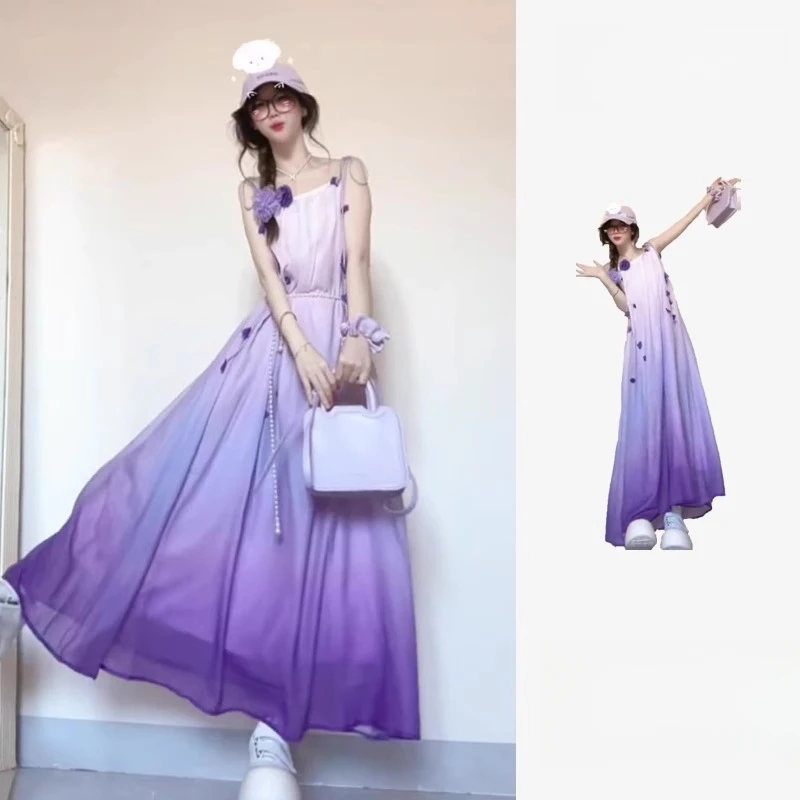 海边度假风紫色渐变吊带连衣裙女时尚小个子气质沙滩长裙子