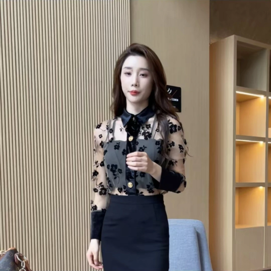 【梦婷家】纯欲辣妹风长袖网纱上衣-0879