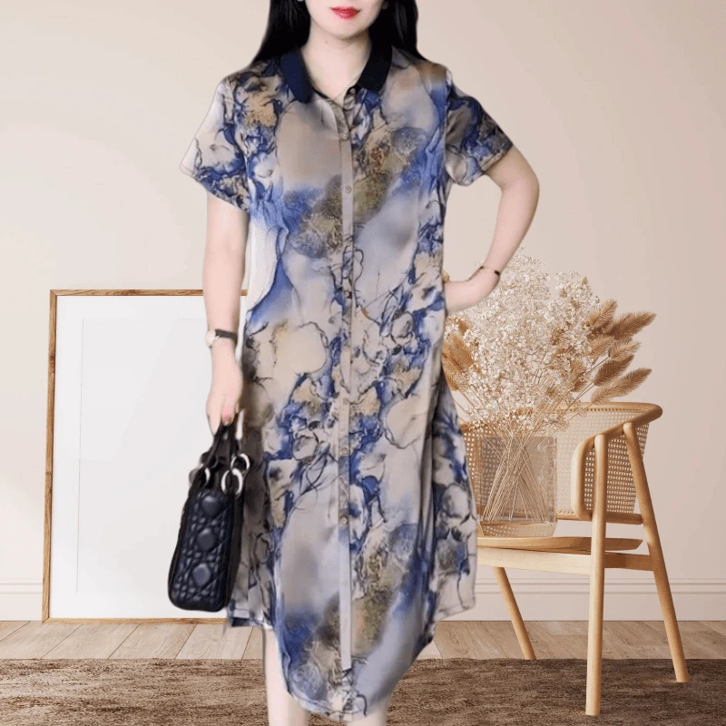 印花透气舒适连衣裙女装时髦洋气宽松显瘦遮肉减龄气质百搭中长裙