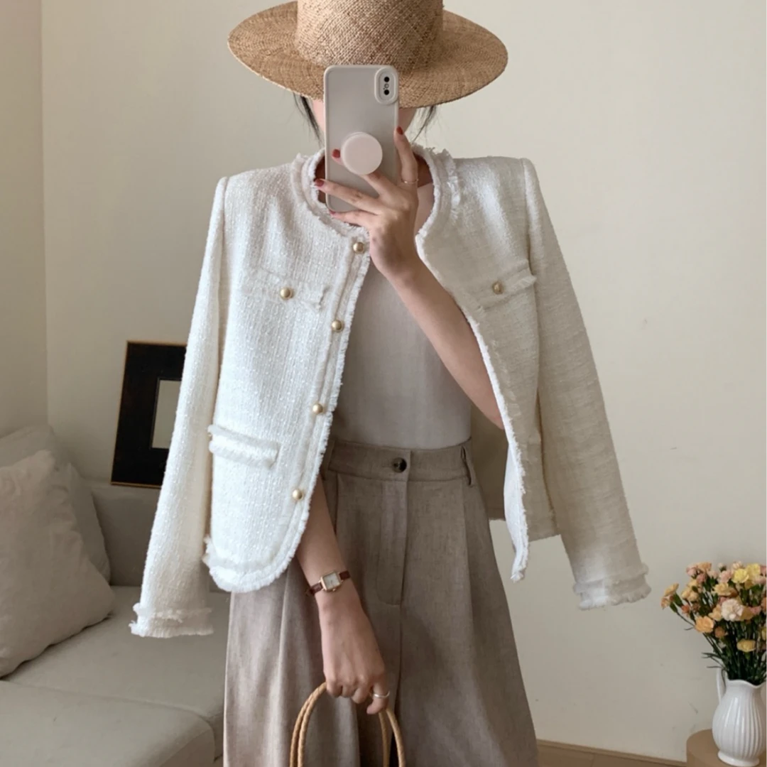 小香风新款外套白色气质时尚小众设计感百搭短款粗花呢24038