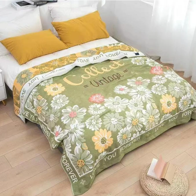 【墨恋 绿 床盖】2X2.3米 A类 精梳棉纱布双人四季多功能床盖毯