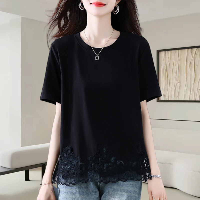 黑色圆领短袖t恤女2025夏季新款时尚宽松设计感下摆蕾丝体恤上衣