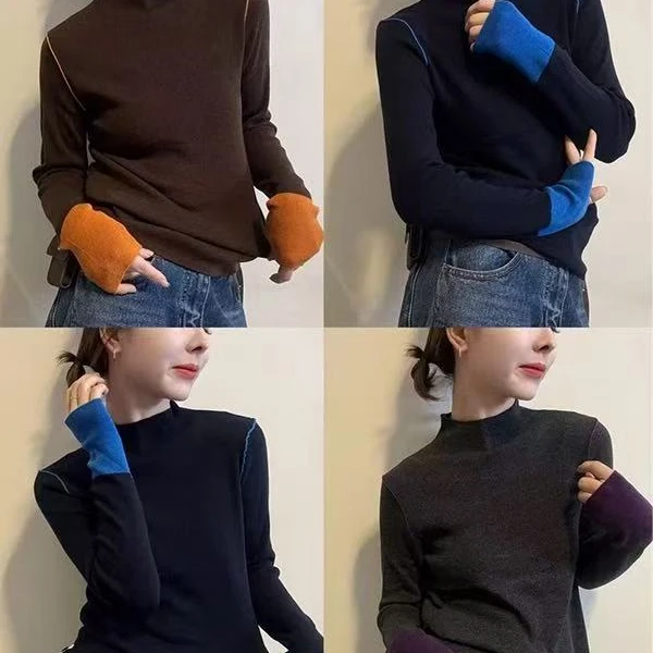 双面糯米绒·秋冬加绒设拼接撞色线条洋气百搭简约显瘦打底衫25140