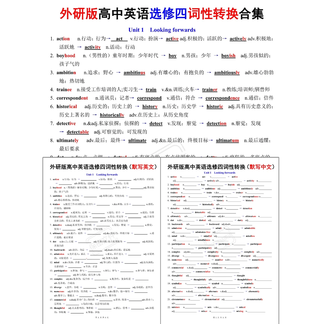 G576-【外研版高中英语选修四】词性转换合集背诵 默写PDF电子版