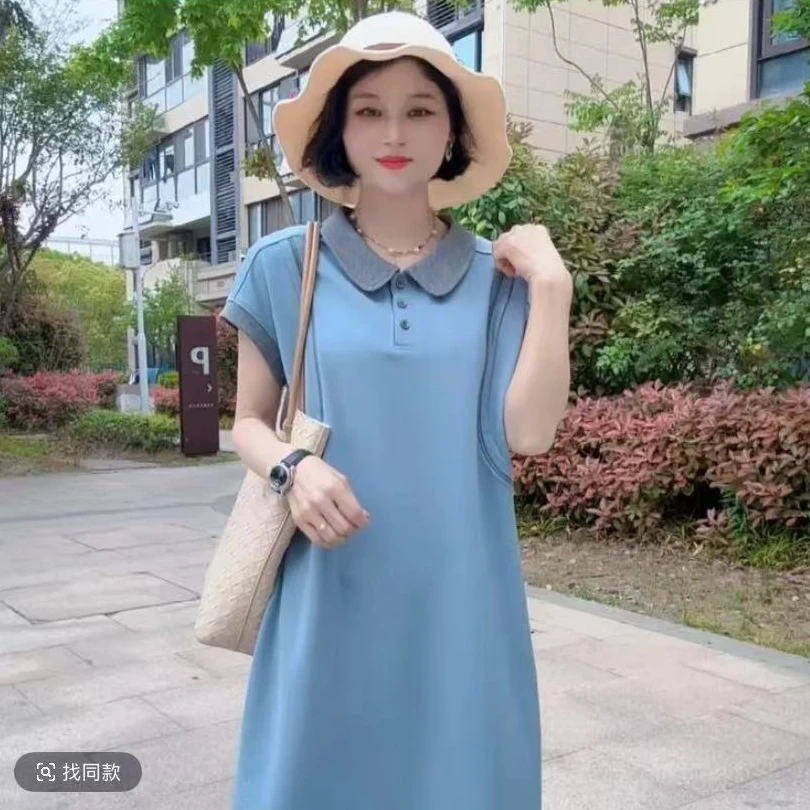 娃娃领连衣裙夏季新款韩版休闲时尚简约纯色洋气百搭显瘦t恤裙子