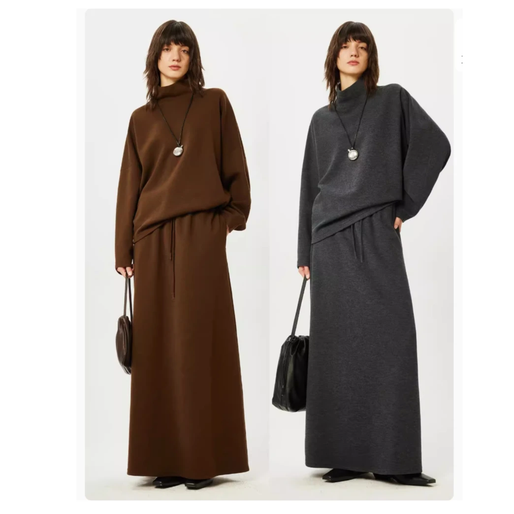 开间/时髦懒人 精纺针织羊毛细腻垂感温暖廓形高领卫衣半裙套装