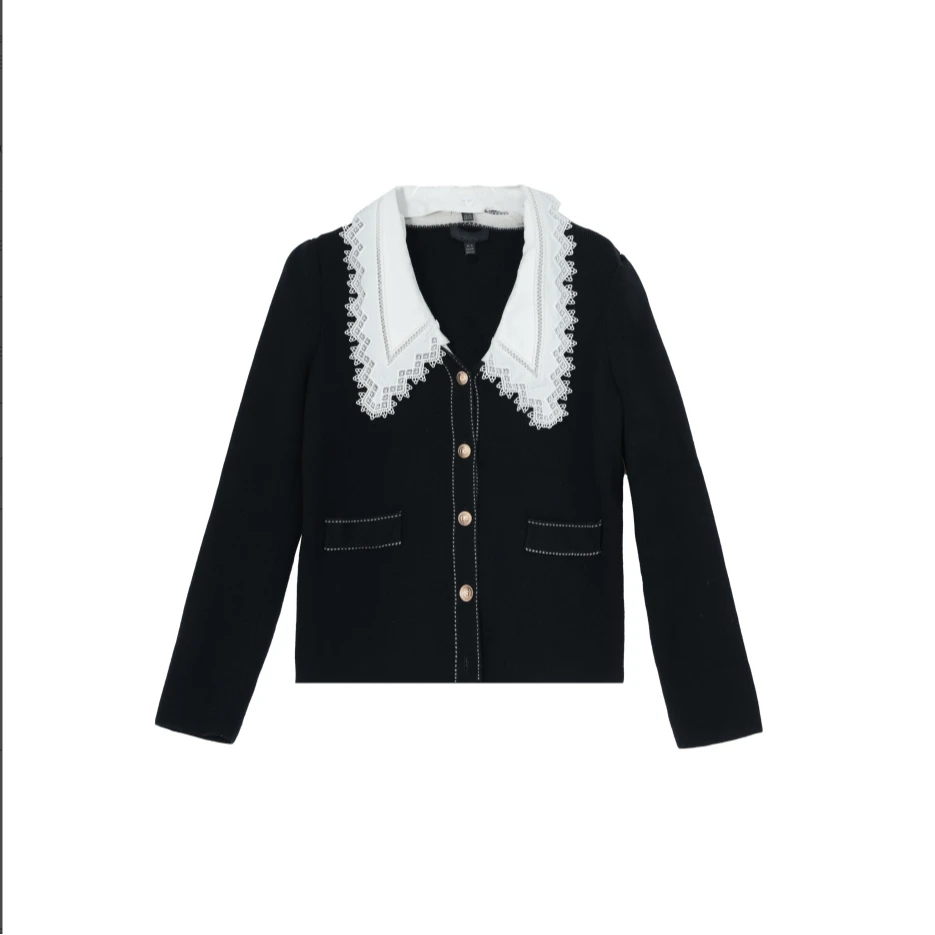 【她翼】秋冬落肩袖翻领女黑色大衣秋冬针织短外套EW2241334810S