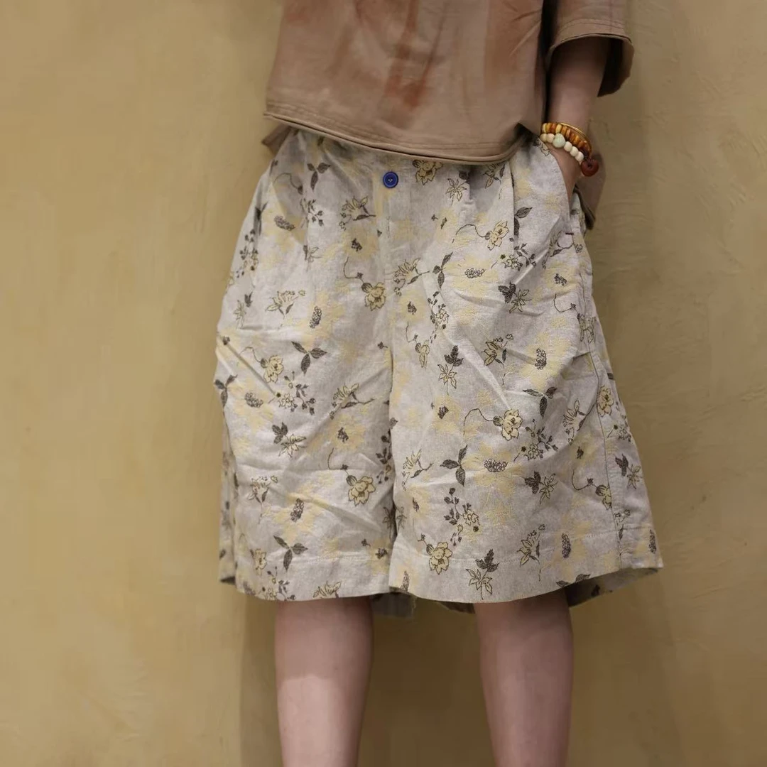 2025夏季新款休闲时尚百搭短裤245192复古宽松松紧腰提花