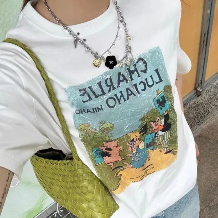 夏季2025欧货爆款T恤小众不撞款穿搭白色趣味卡通动漫印花短袖女