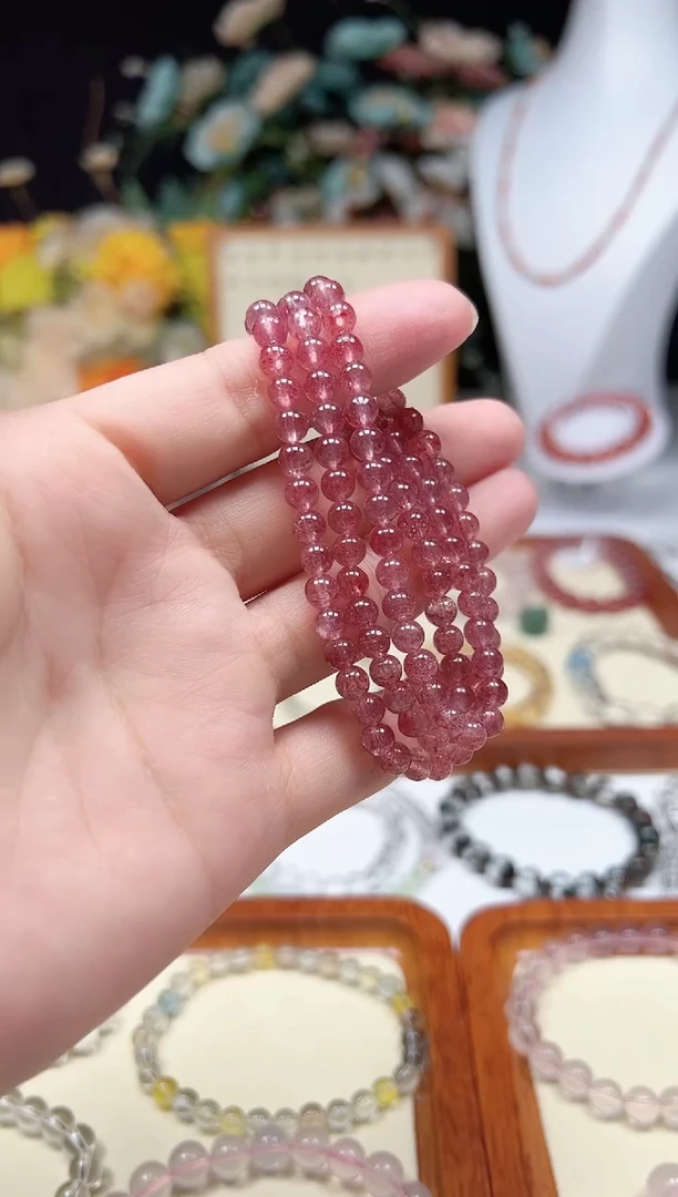 石英质玉手串未镶嵌天然5mm草莓晶三圈手串