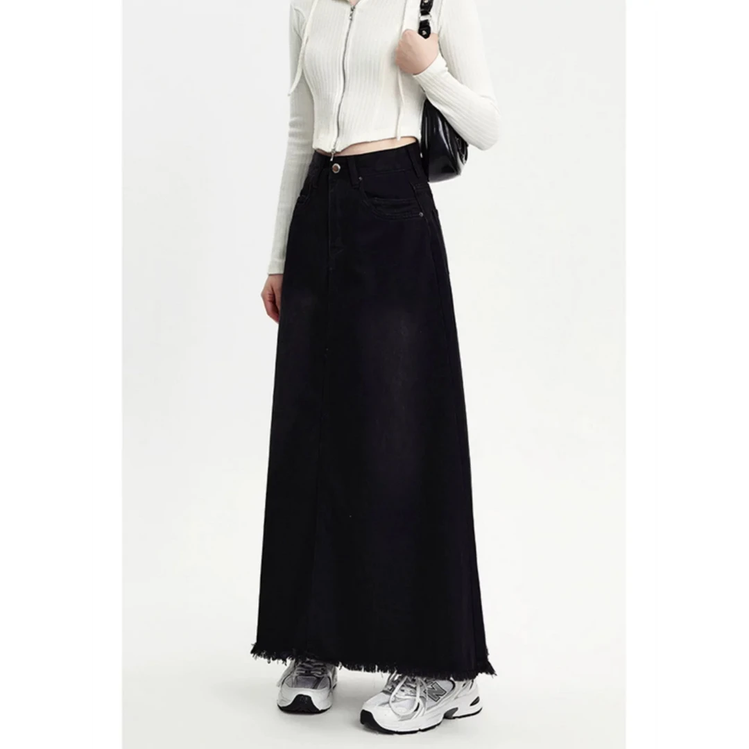 732#黑色牛仔半身裙高腰显瘦A字包臀拖地长裙（实物以直播间为主）