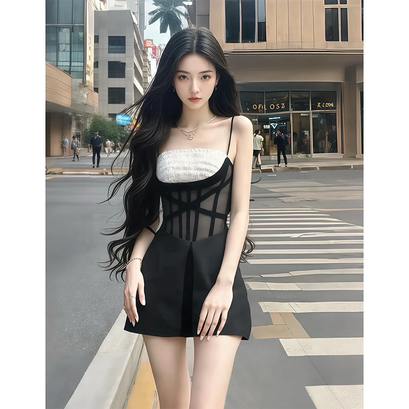 夏季辣妹收腰包臀裙拼接色时尚气质抹胸吊带裙条纹性感显瘦连衣裙