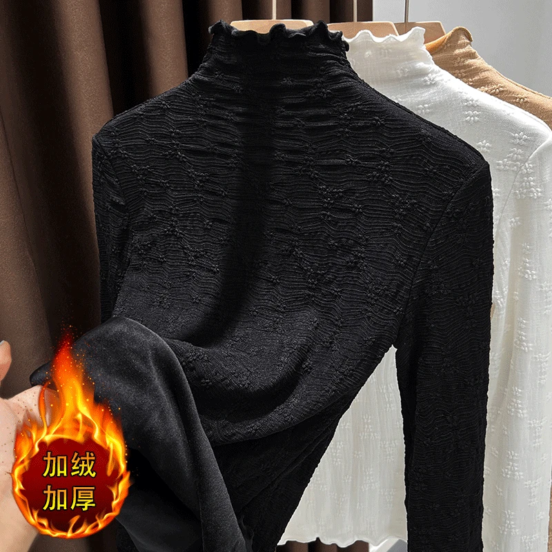 黑色保暖内搭半高领网纱打底衫女秋冬新款加绒加厚长袖蕾丝衫上衣