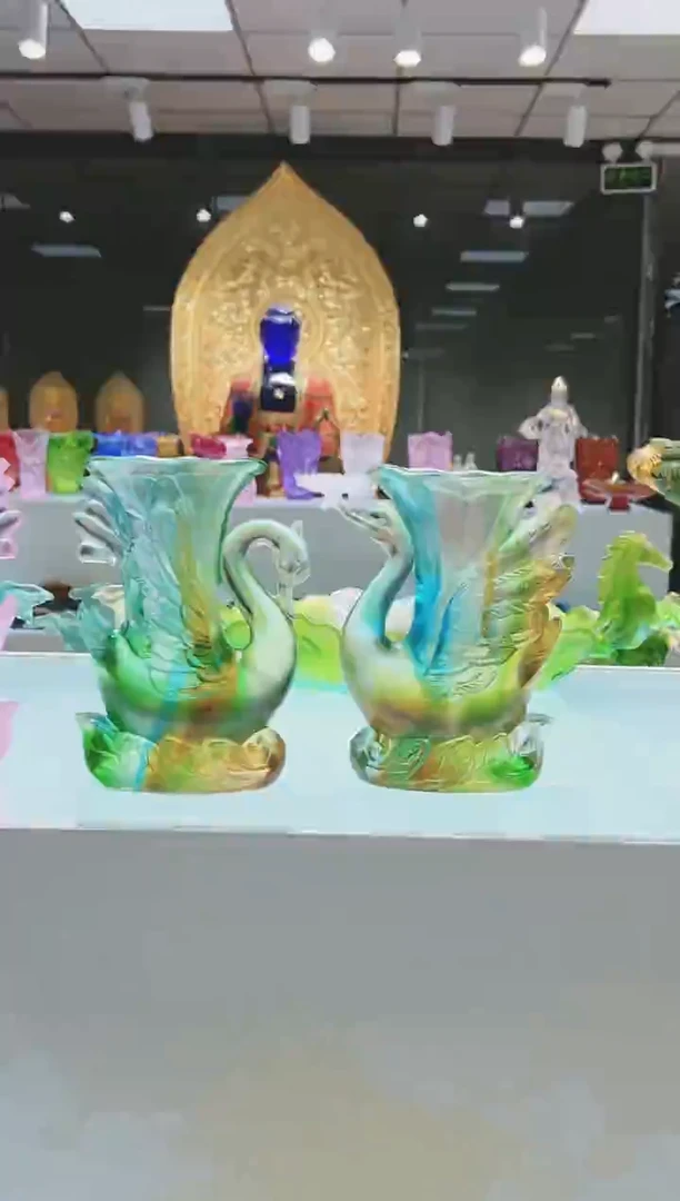 手工艺品琉璃古法琉璃一对天鹅花瓶
