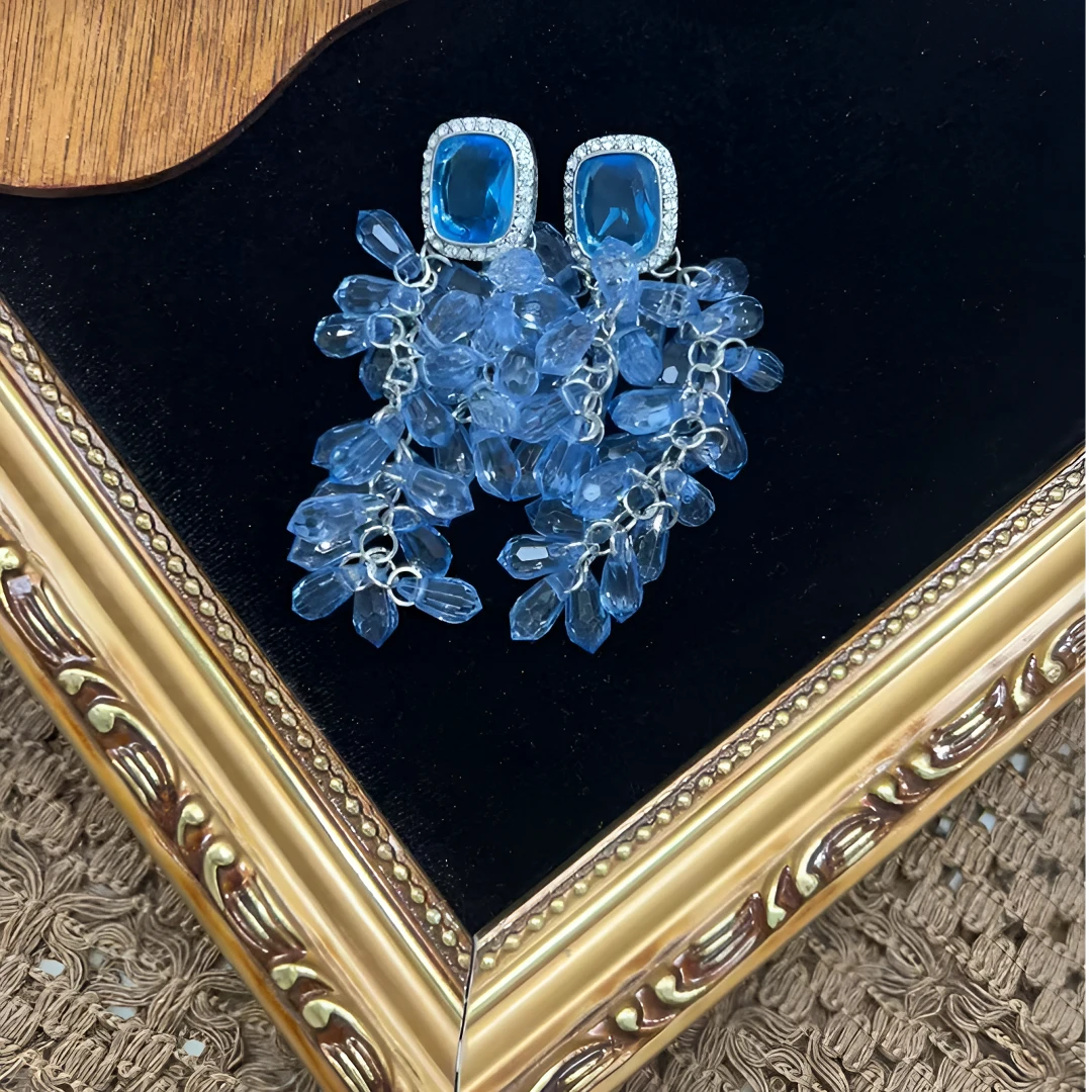 非金属仿水晶耳饰 蓝色水晶长款扫肩时尚莱茵石耳钉高级感耳饰216