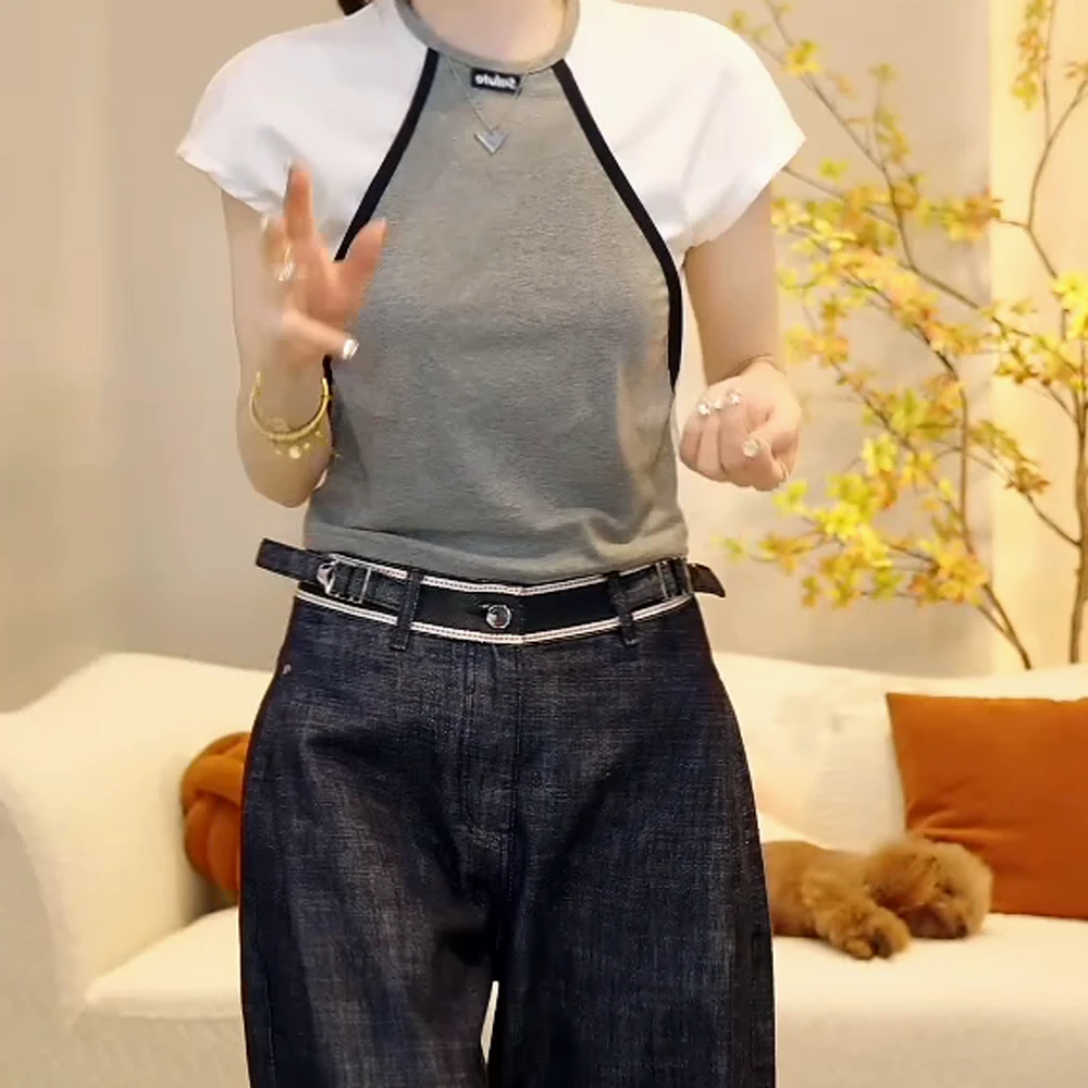 『半糖主义』2025夏季新款小众减龄后背镂空撞色短袖T恤上衣女