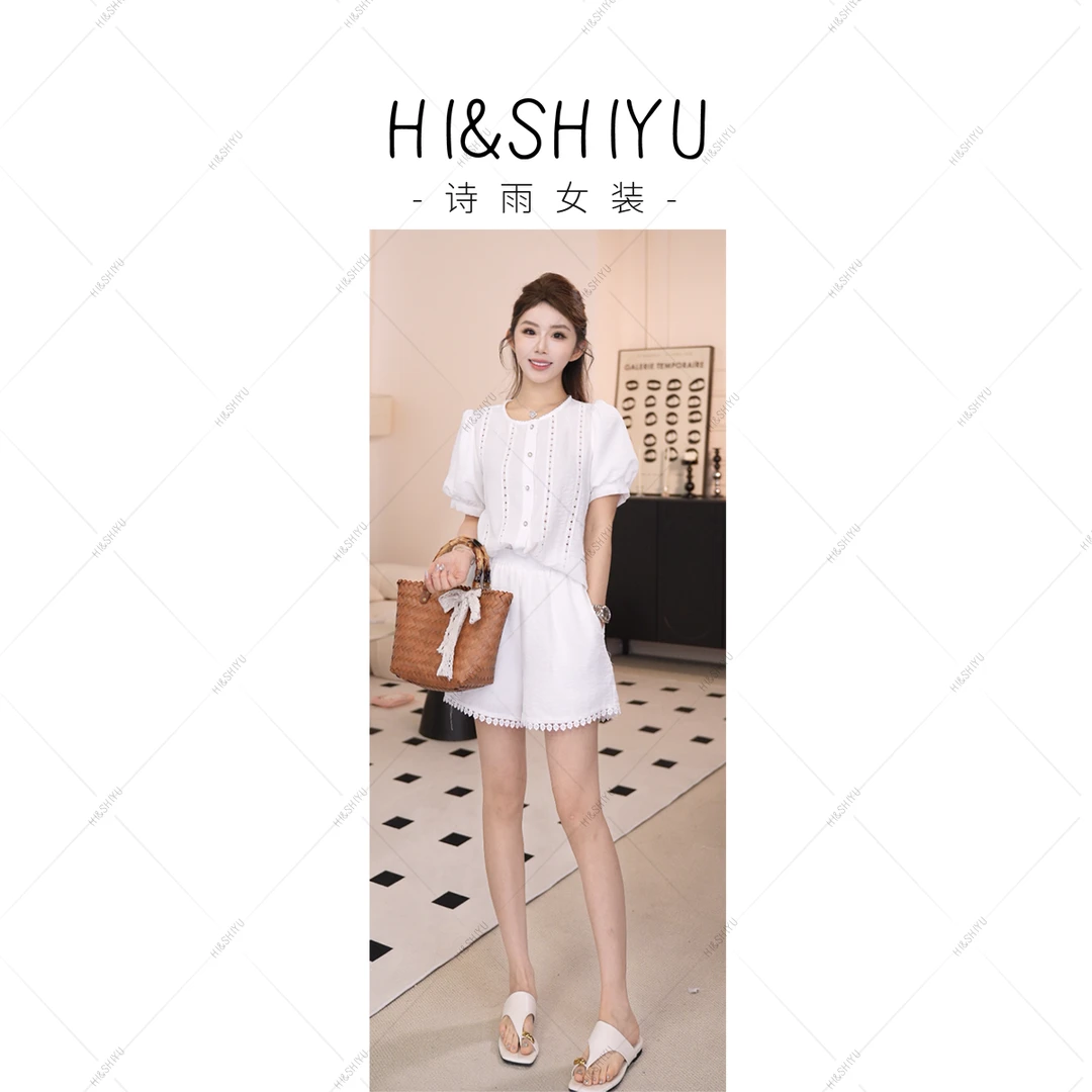 HISHIYU【盐盐夏日】高品质-9210新款泡泡袖短袖上衣阔腿裤短裤套装