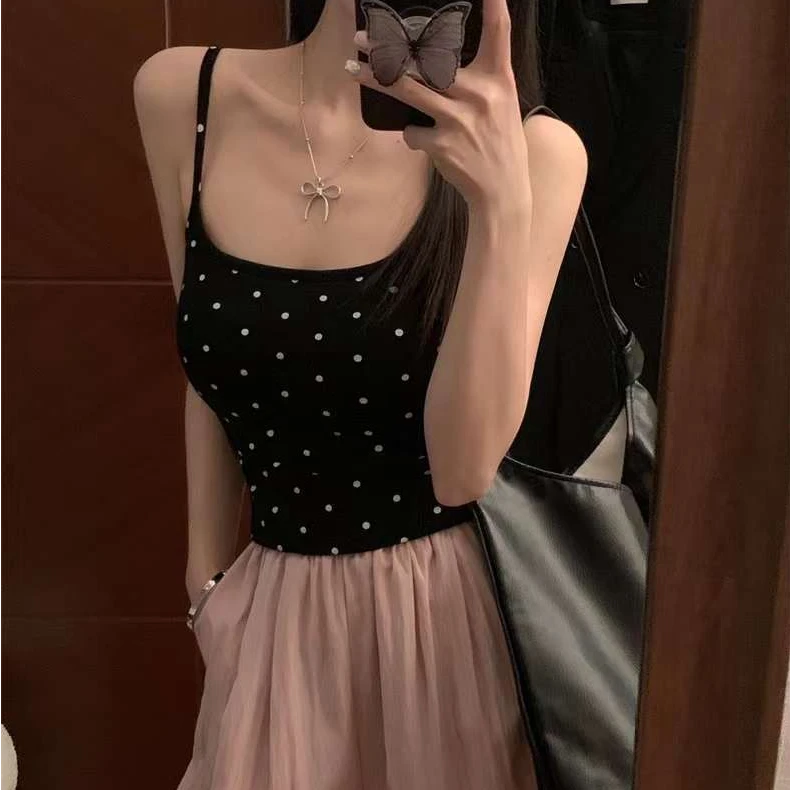 时尚波点带胸垫吊带背心女大U露背美背外穿防走光内搭裹胸上衣潮