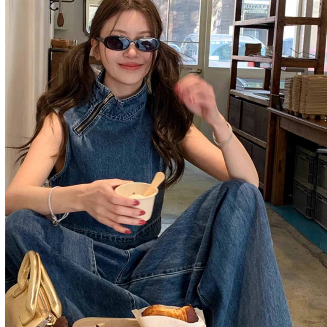 港风复古牛仔套装女夏季新中式小众设计感别致辣妹薄款马甲两件套