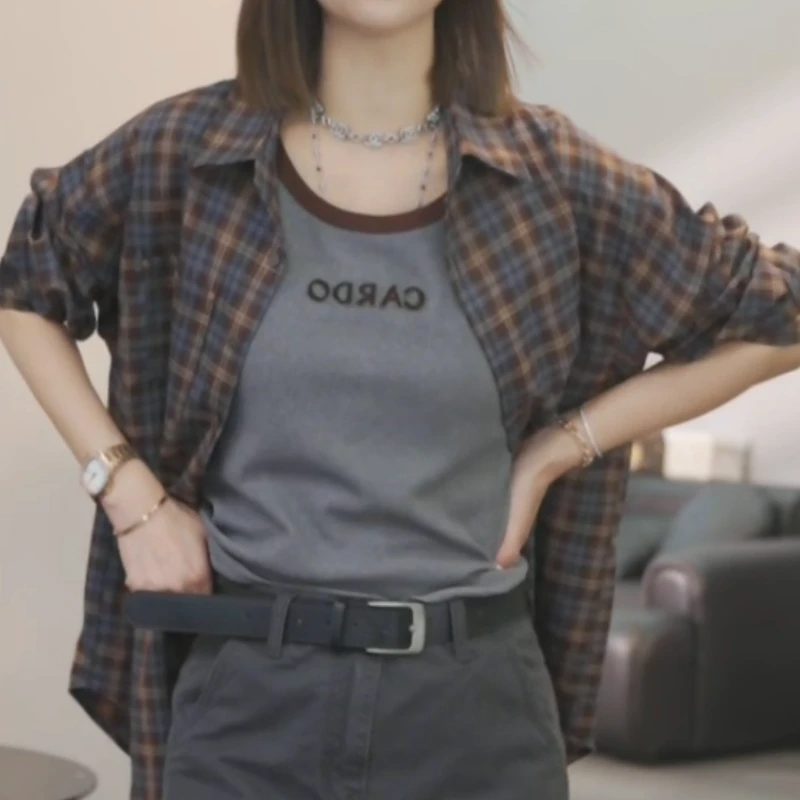 【楚水寒烟】2025早秋宽松新款长袖衬衣+百搭显瘦背心套装LK2505448