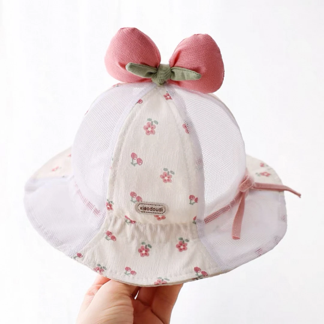 女宝宝帽子夏季薄款甜美蝴蝶结渔夫帽女童小月龄遮阳透气网眼盆帽