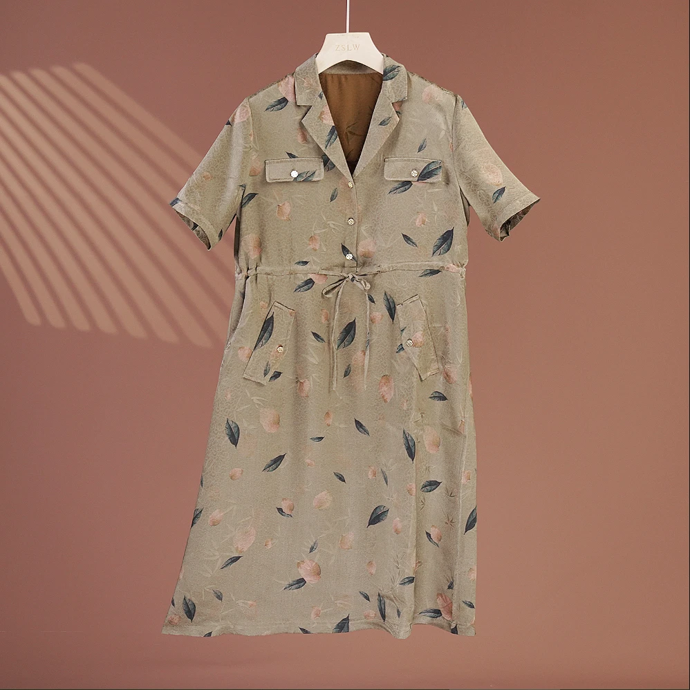 花螺桑蚕丝女装连衣裙气质轻奢复古显瘦盘扣印花LW  9L1216-1