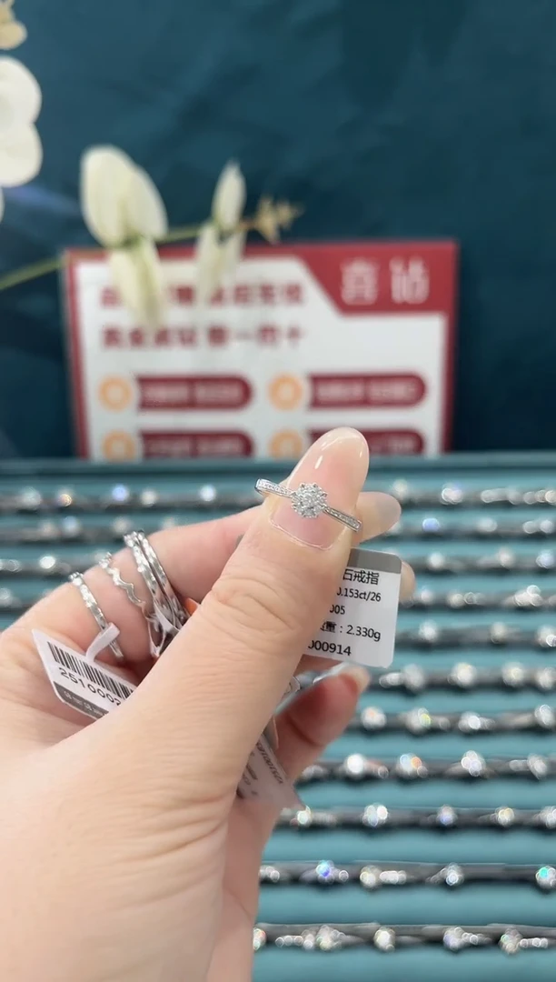 铂Pt950镶嵌戒托钻石5+15/15圈