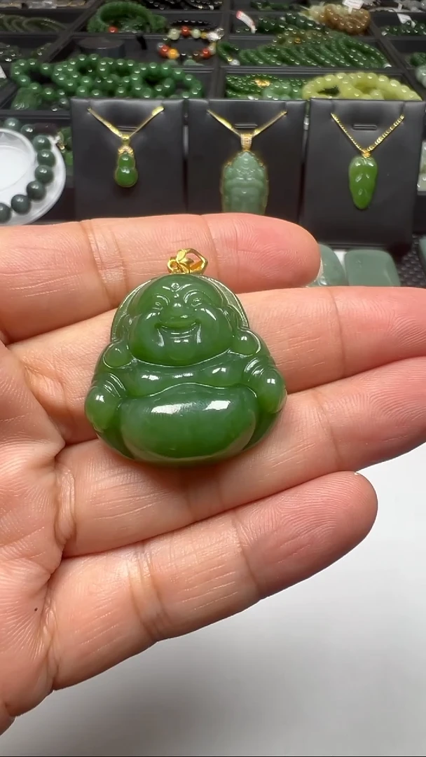 颈饰18K金镶嵌和田玉（碧玉）【老马】和田玉18k金碧玉佛公30mm