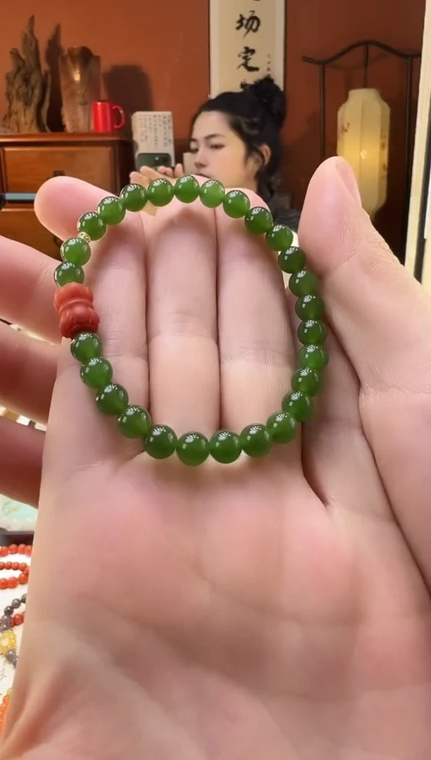 【闪购商品】和田玉（碧玉）手串18K金镶嵌俄料碧玉6mm【无黑点】