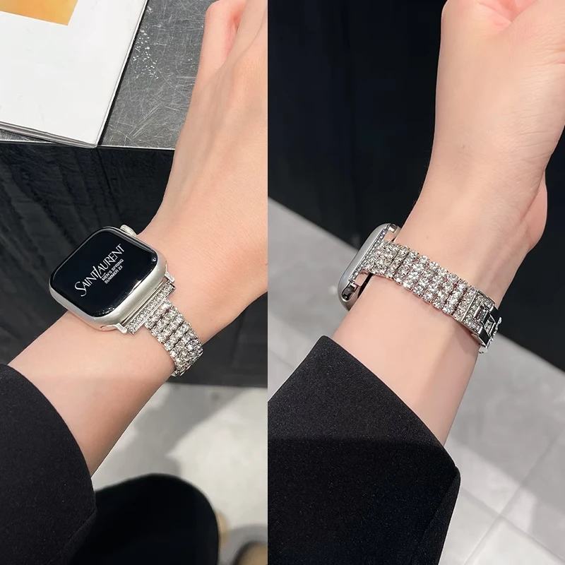 适用applewatchS9表带苹果S11手表S10镶钻金属S8夏女款SE新款高级
