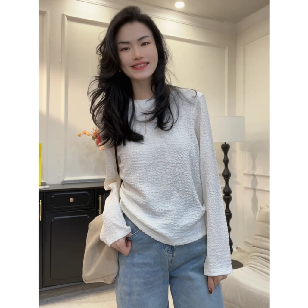 【香草】欧货设计感肌理感长袖t恤女春秋款大码宽松褶皱打底衫上衣