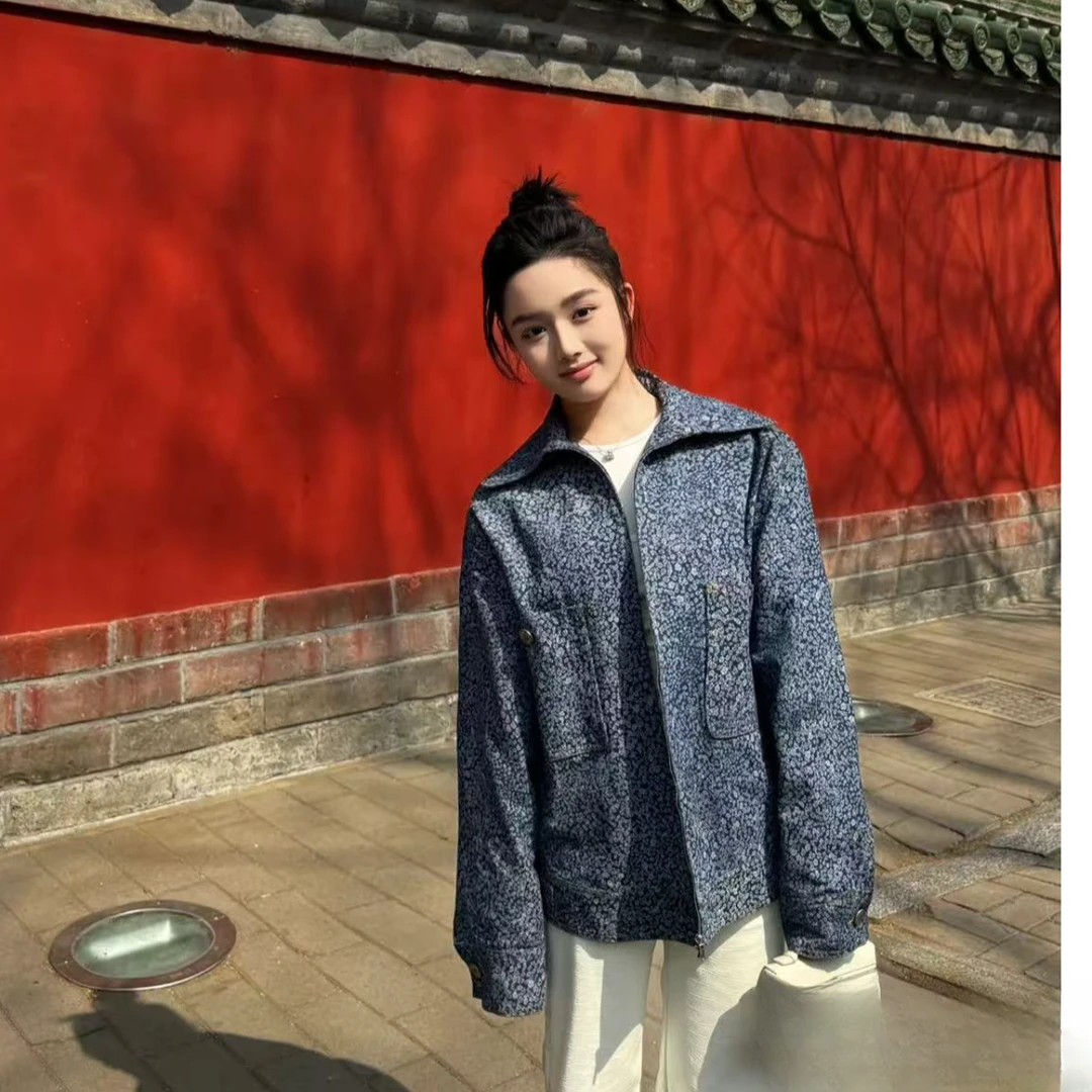 99新 Chanel/香奈儿 21B 牛仔蓝山茶花印花外套 38码