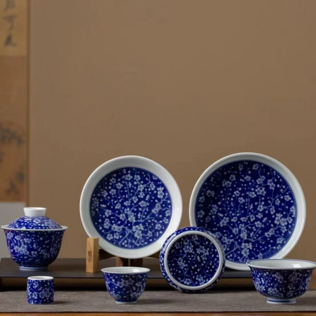 2025青花景德镇冰梅三才盖碗茶杯家用陶瓷茶碗防烫手5件套组茶具