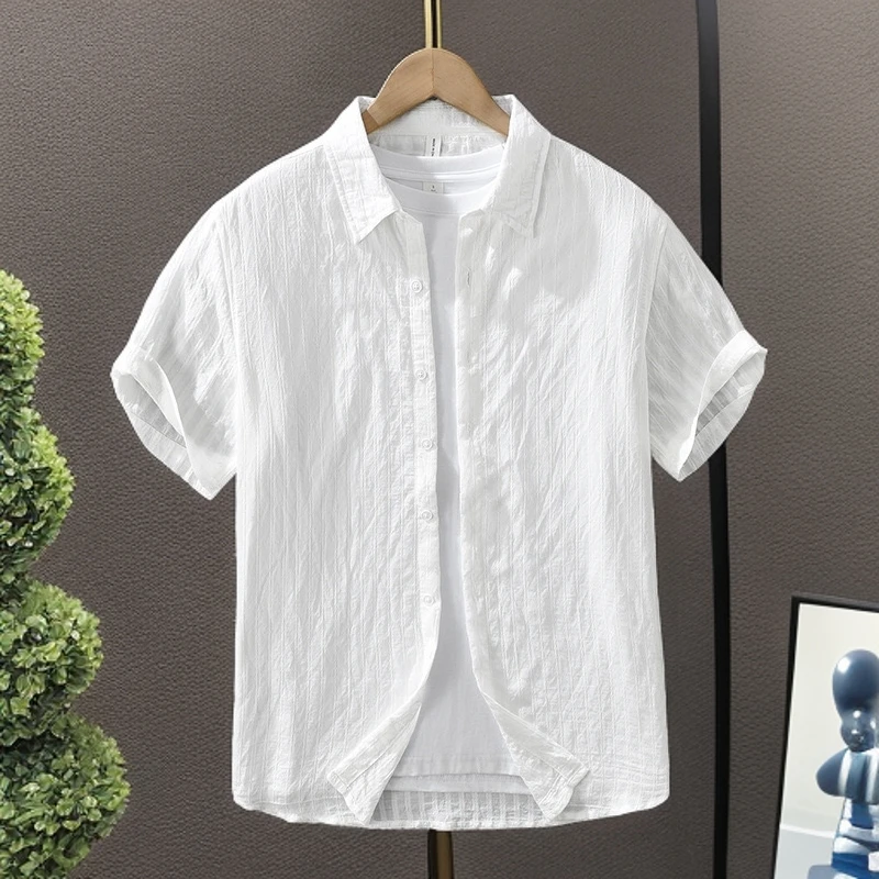 夏季超薄透气短袖时尚轻奢高级感条纹衬衫男士青年宽松半袖衬衣潮