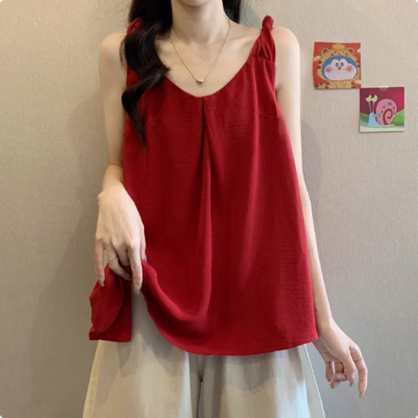 夏季韩系气质小心机扭结V领吊带背心女小个子无袖外穿上衣娃娃衫