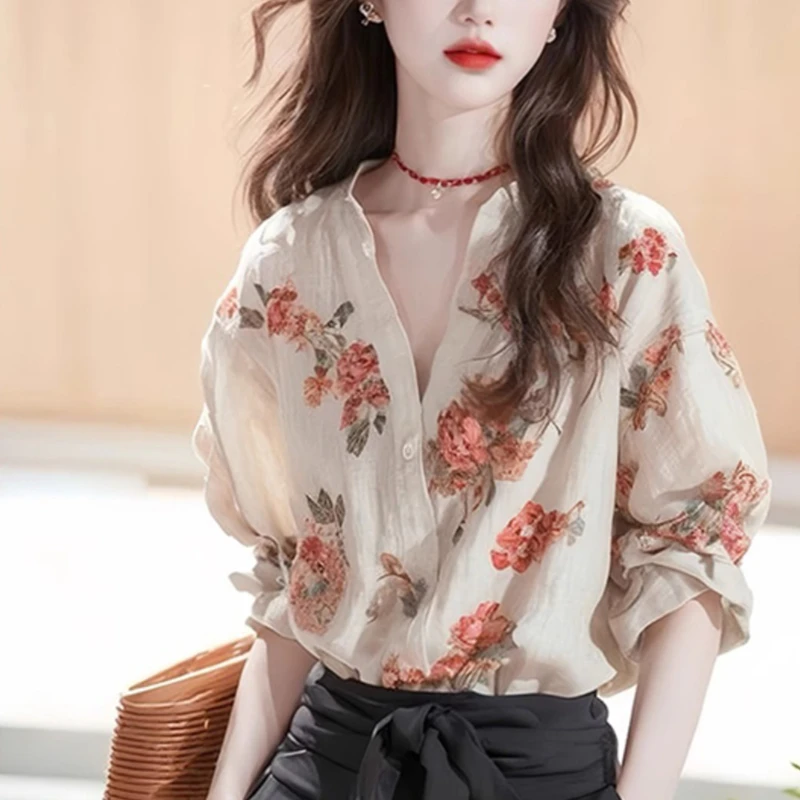 法式独特小上衣今漂亮小衫女士2025春秋新款印花时尚气质长袖衬衫