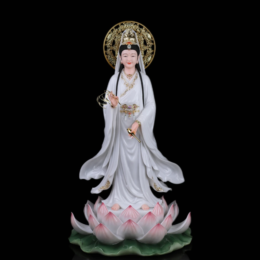 汉白玉站像 观音祥龙观世音吉祥如意祝福神像摆件神龙重体彩绘