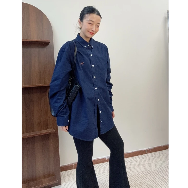 （富二代）春秋季百搭宽松时尚深蓝衬衫上衣