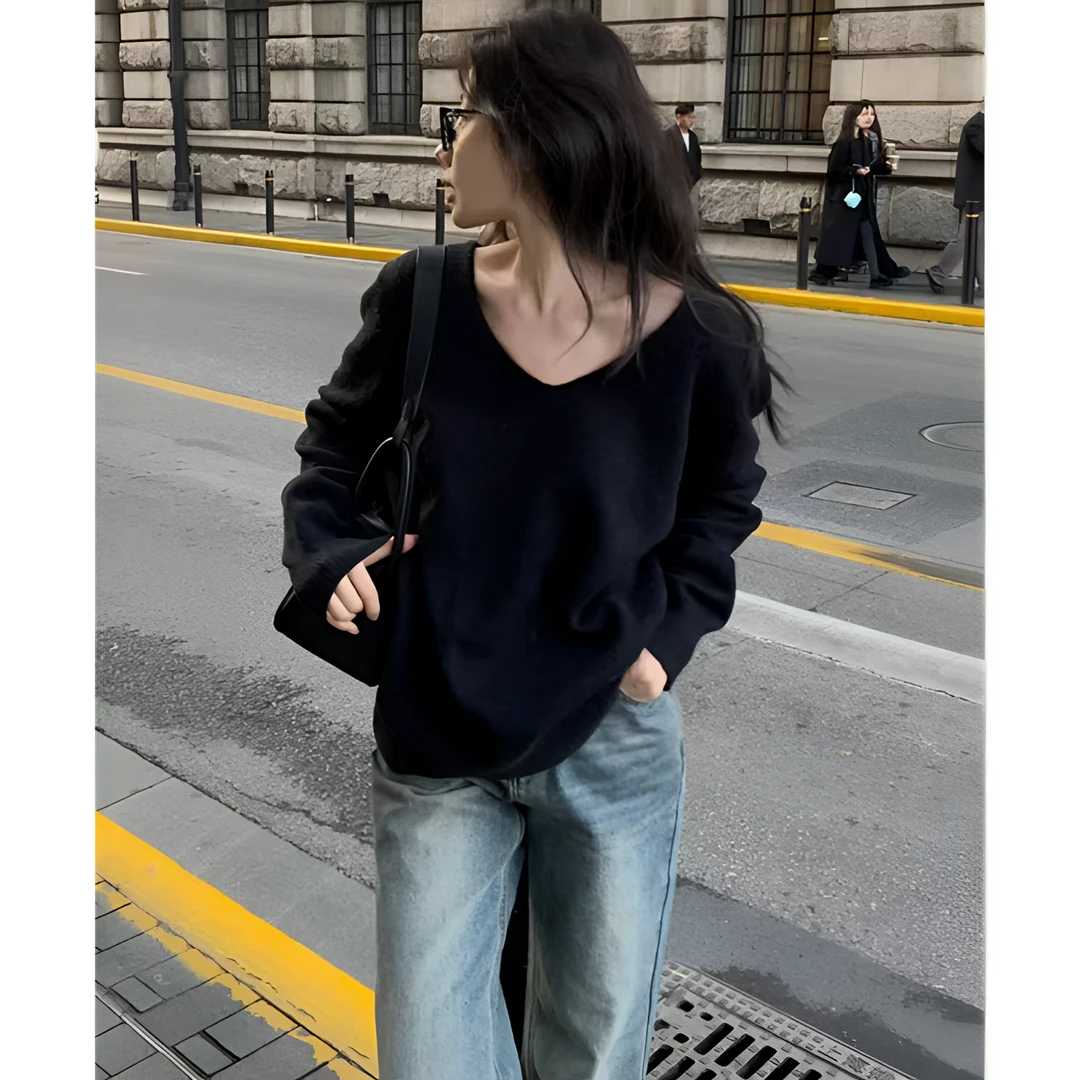 福利--拍下编码--百搭宽松长袖时尚设计感气质外穿V领针织衫女