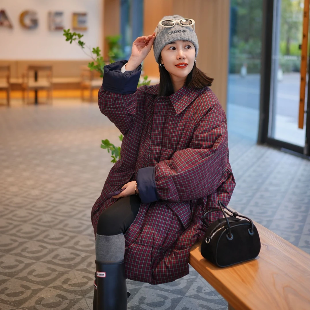 北桔2024年冬季新款欧货宽松中长款上衣休闲夹棉格子棉服外套3276