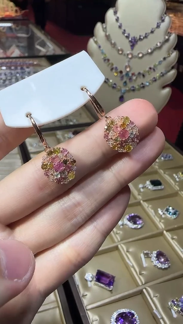 银S925镶嵌耳饰碧玺耳钩款多样性发设计款