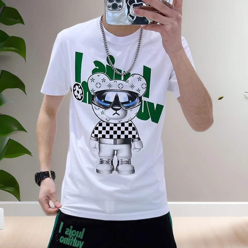 吉伦略索夏季丝光棉男士烫钻墨镜小熊印花短袖t恤欧货时尚修身潮