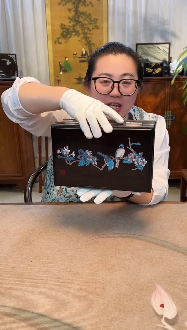 黑酸枝木类成套家具紫光檀 嵌螺钿喜上眉梢线条首饰盒26*15*11