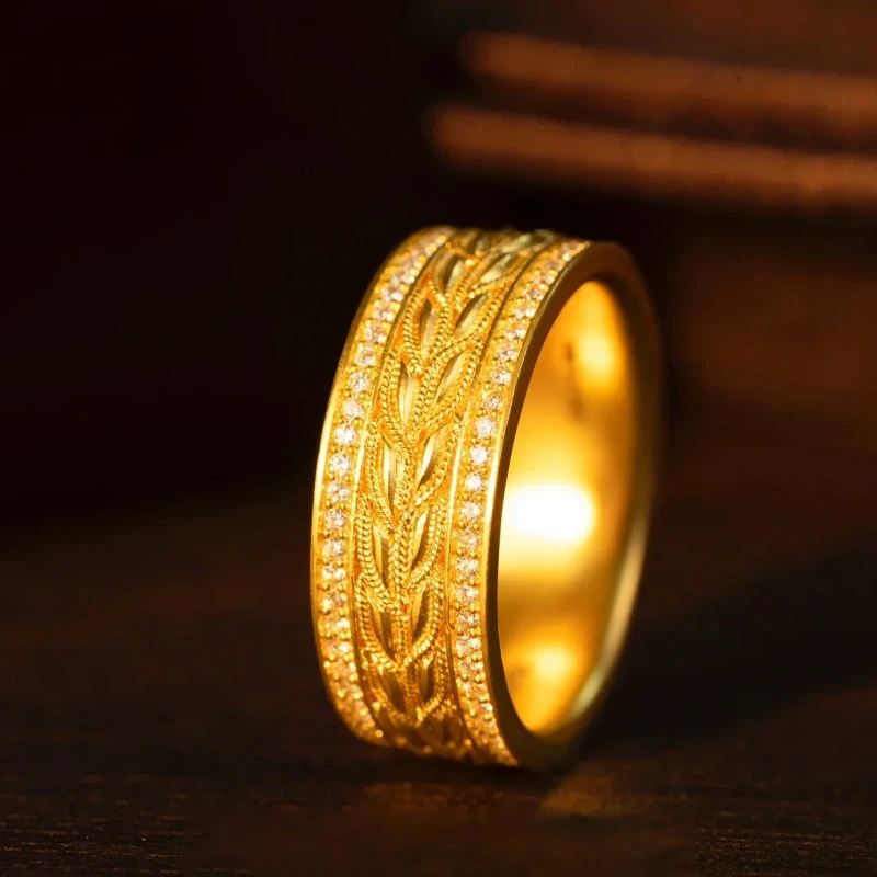 黄金足金999 麦穗点钻编织古法复古宫廷百搭财源滚滚指环黄金戒指