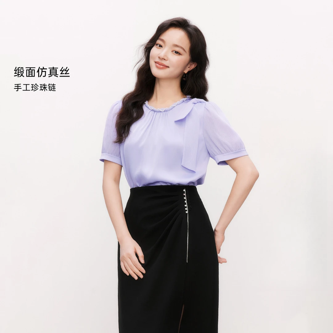 Koradior/珂莱蒂尔欧若智性风百搭蝴蝶结钉珠雪纺衫衬衫设计感